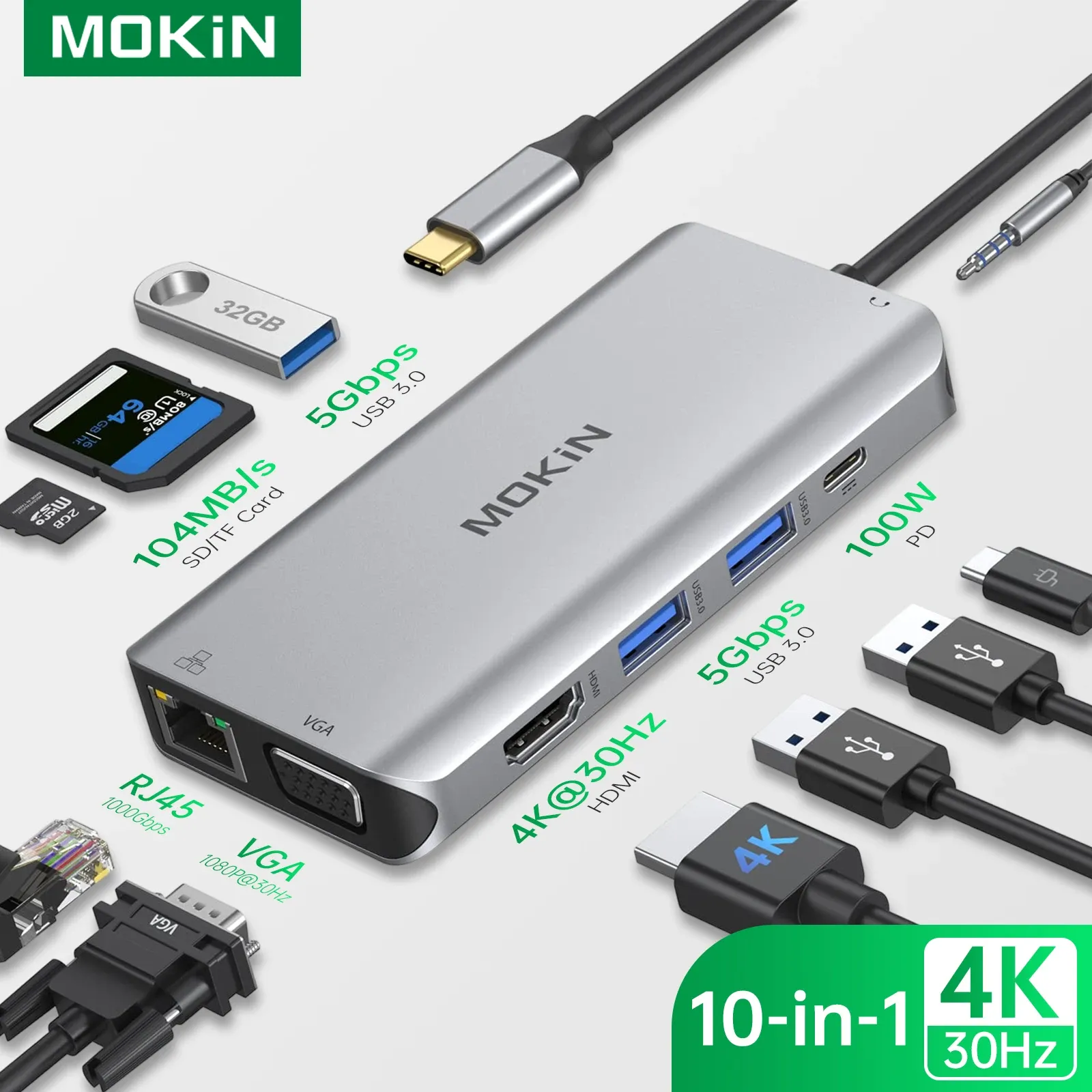 ハブUSB Cハブマルチポートアダプター、4K HDMI、VGA、100W PD、USB Cドッキングステーションを備えたデュアルディスプレイUSB CハブMacBookproと互換性