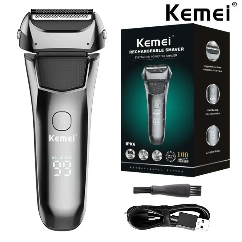 SHAVERS KEMEI KM8512 Elektrikli Tıraş Makinesi 3D Üçlü Bıçak Yüzen tıraş tıraş makinesi yıkanabilir USB şarj edilebilir LCD Sakal düzeltici Yeni