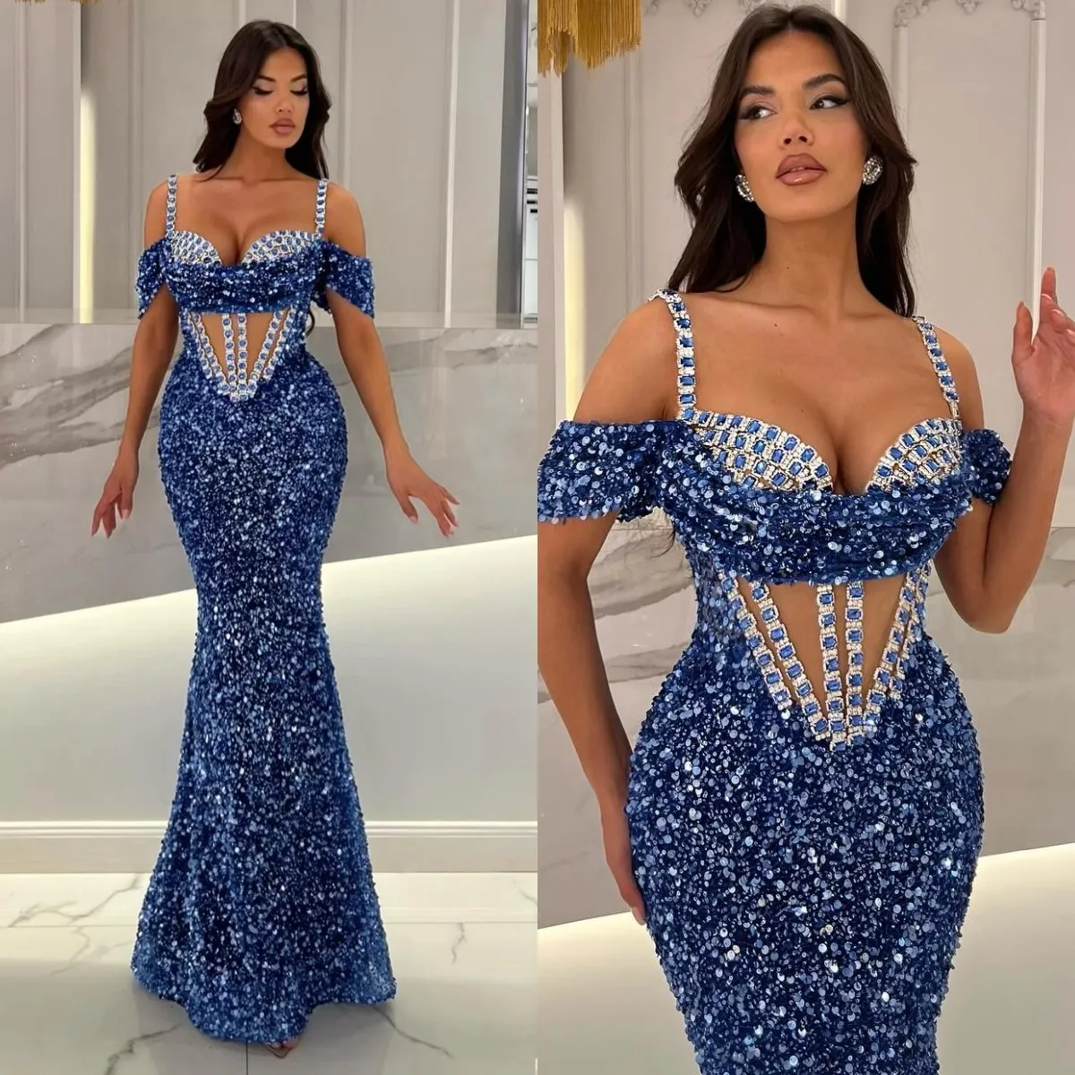 Royal Blue Mermaid Prom Dress paljetter Rhinestones Off Shoulder Evening Dresses Elegant Illusion Bodice Crystal Formal Dresses for Women