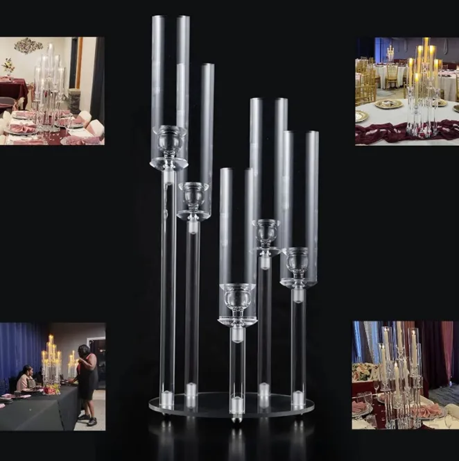 Candon en cristal clair avec nuance en acrylique, centres de table candélabra, 5 chandelles de bras