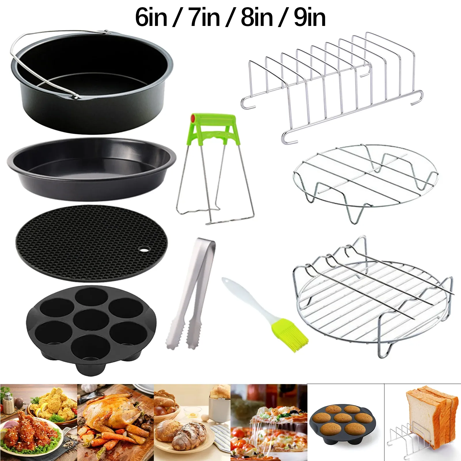 Fryers 10pcs 6/7/8inch NonStick Air Fryer Accessories Set Heat Insulation Pad Pizza Pan Single Layer Steaming Rack Set