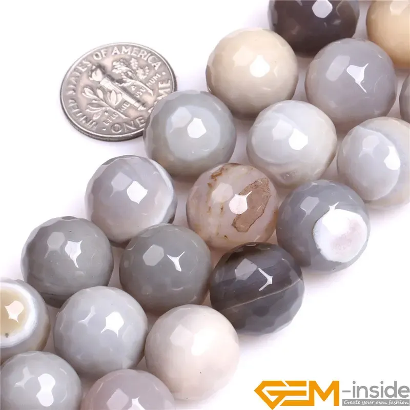 Kralen 12 mm 14 mm ronde gefacetteerde natuurlijke grijze agates stenen kralen Diy losse kralen voor sieraden maken streng 15 inch gratis verzending