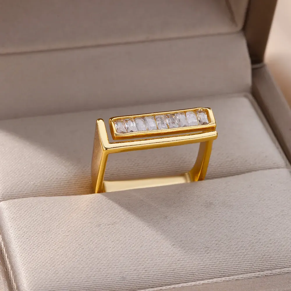 Bandas anéis quadrados de aço inoxidável para mulheres abertas de ouro CZ CRISTAL DE CRISTAL DE DISTRIM