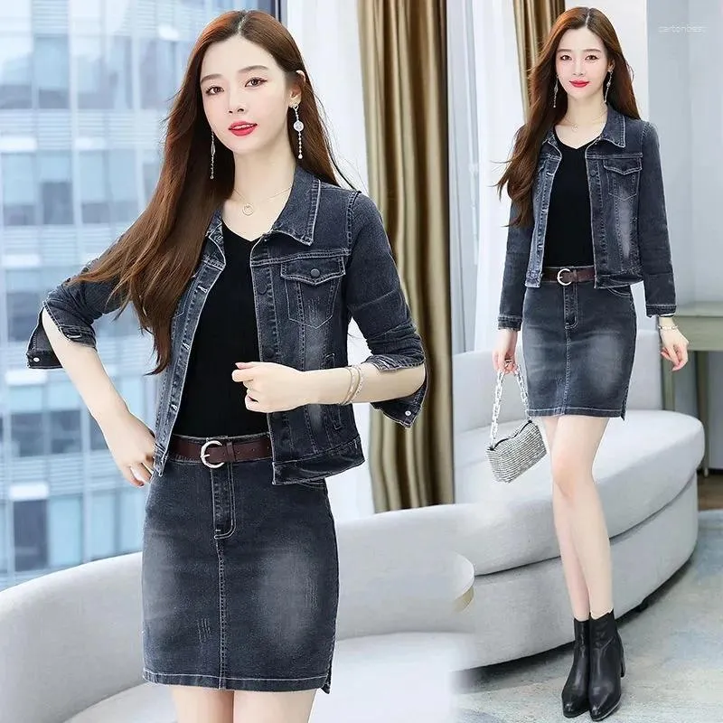 Vestidos de trabalho preto jeans de jeans da saia do terno de primavera de outono casual 2 peças conjunto mulheres casaco de jeans curto e saias midi