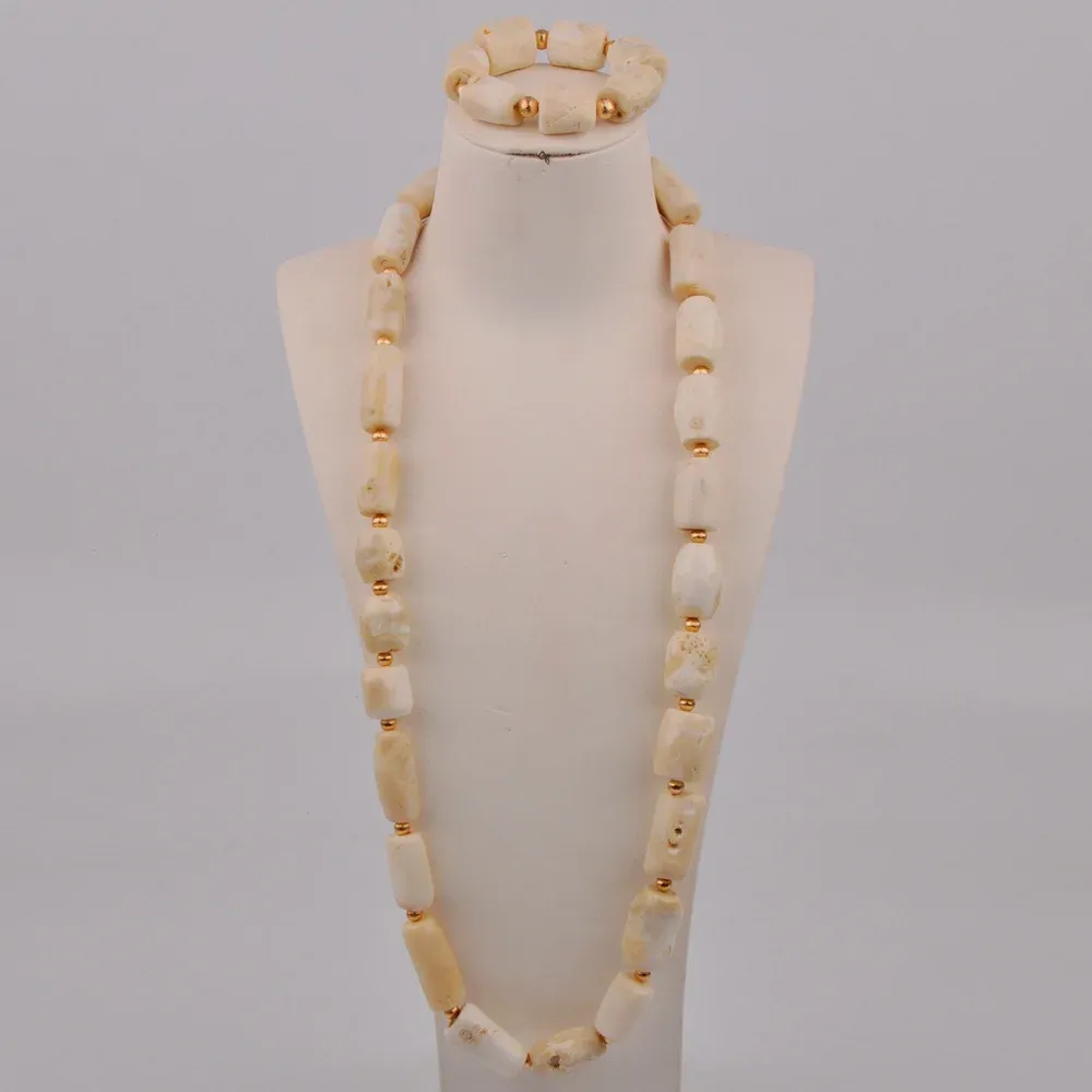 Halsband Fashion Par Men's White Natural Coral Bead Halsband Afrikanska bröllop Brudgummen smycken Nigerianska bröllop Bride smycken Set AU179