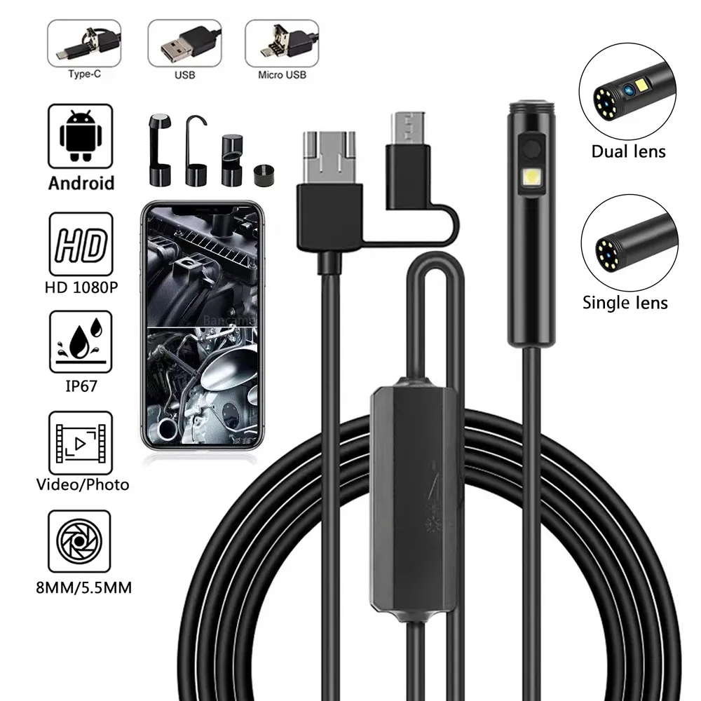 カメラ内視鏡カメラ8mmシングルレンズIP67防水検査ボアスコープカーエンジン下水道パイプアンドロイドスマートフォンタイプ