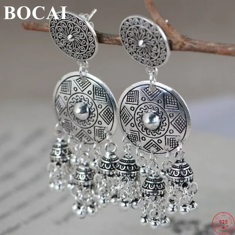 Earrings BOCAI S925 Sterling Silver Earring for Women Fashion Round Disc Tassel Eardrop Pure Argentum Elegant Valentine's Day Gift