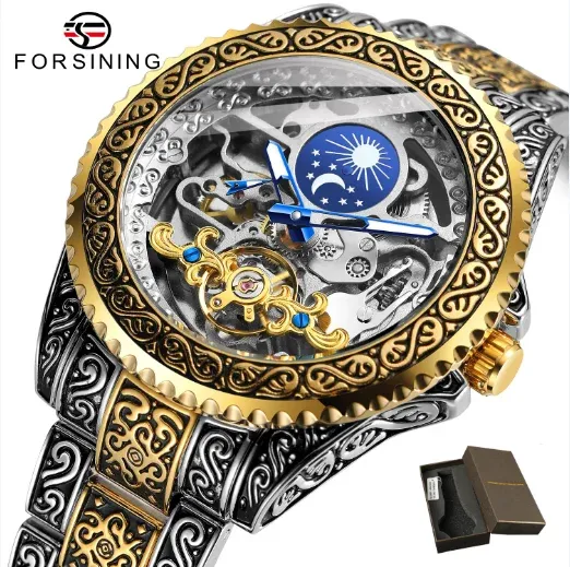 Kits Classic Retro Skeleton Herren Tourbillon Mechanical Watch Frsining Luxus Automatische Business Full Steel Luminous Herren Armbanduhr