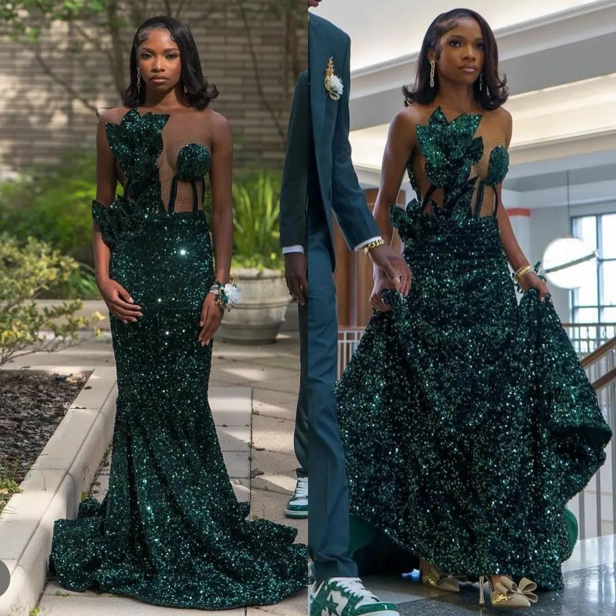 Robe de bal de sirène vert forêt pour femmes noires paillettes de cou de cou