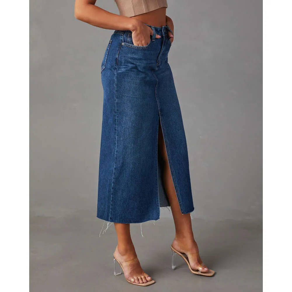 Split 2024 New Denim Women's High Waist Washed A-Line Mid Length Skirt