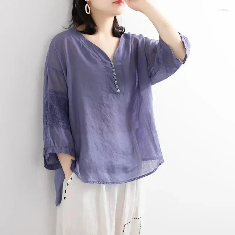Frauenblusen lila solide lässige Baumwolle Wäsche V-Ausschnitt Knöpfe Pullover Bluse Hemd koreanische Mode lose weibliche Kleidung E900