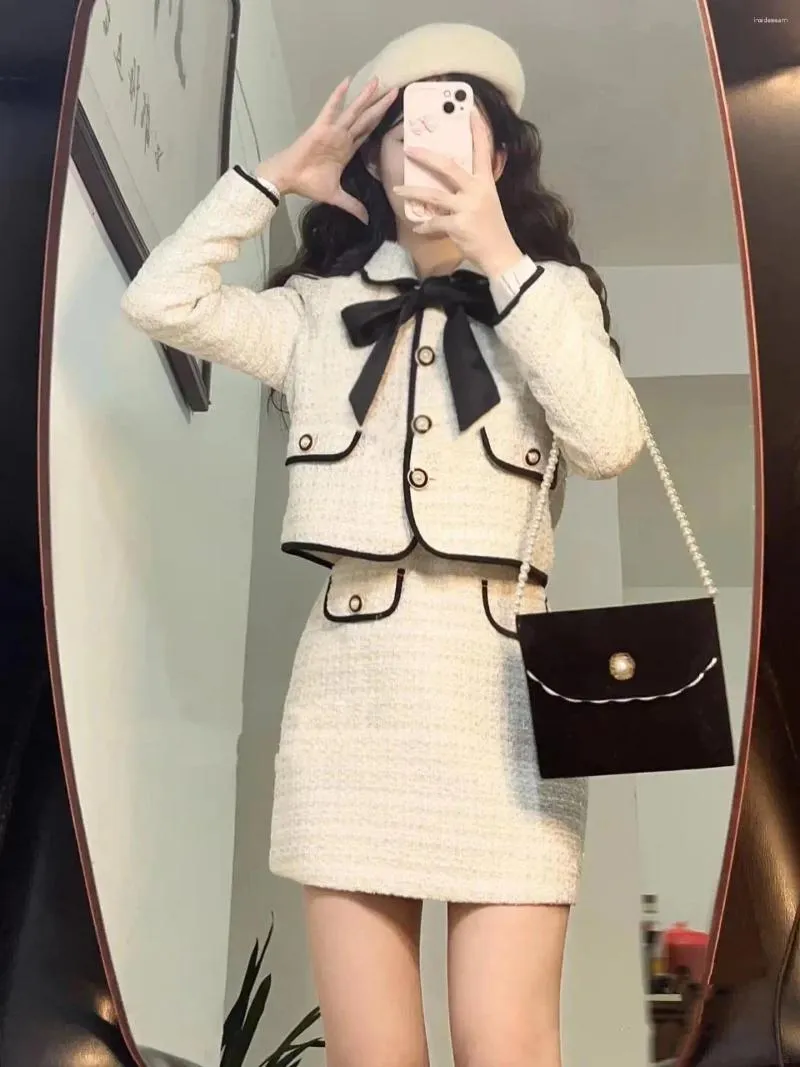 ジャケット・アウター tweed over jacket / mini skirt Womens Tweed Skirt Suit - Elegant Bow Jacket & Mini Skirt