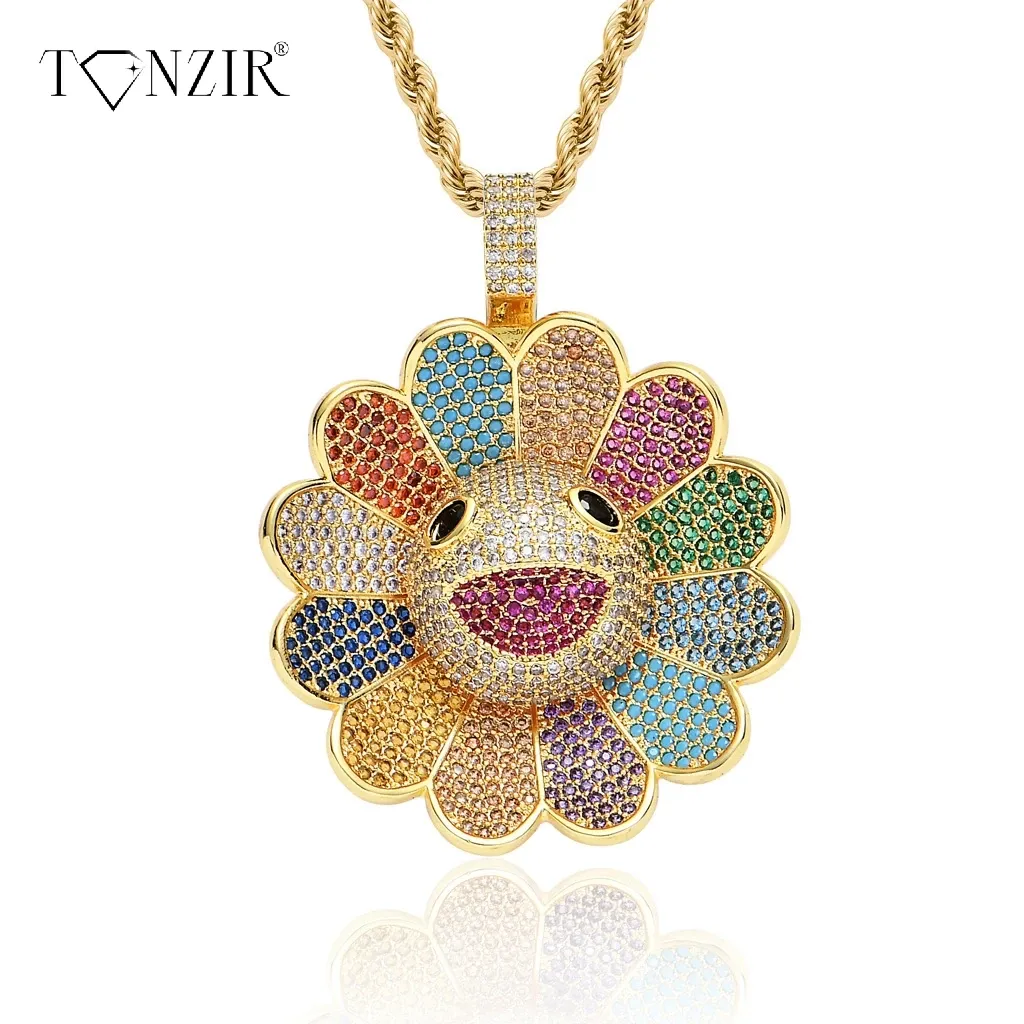 Colliers Ton Zir Hotselling Murakami Rainbow Sunflower Pendant Collier avec un pendentif à fleurs rotatives en zircone microset