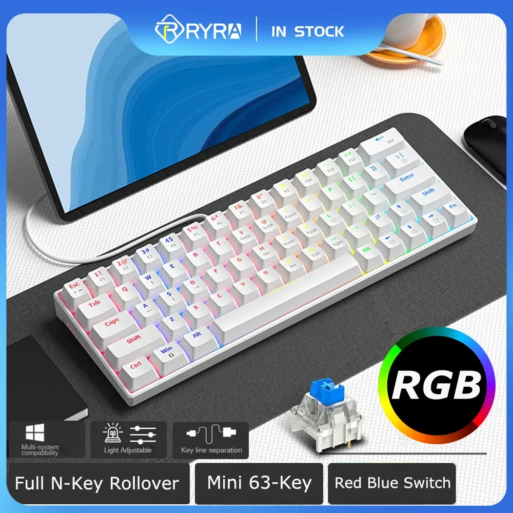 Tangentbord RYRA RGB Mini Mekaniskt tangentbord USB Wired Gaming Keyboard Green/Red Switch 63Key Gamer för dator PC Laptop Mix Bakåder