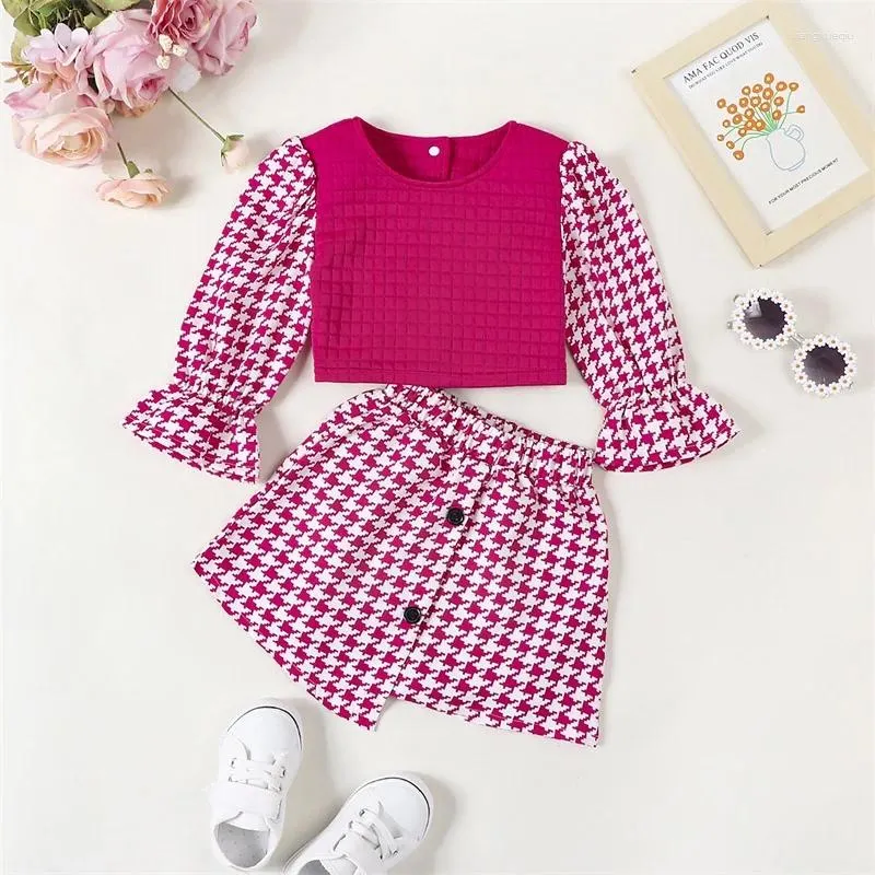 Clothing Sets KMBANGI Baby Girl Skirt Set Houndstooth Pattern Long Flare Sleeve Crew Neck Top A-Line Irregular Dress Fall Winter 2PCS