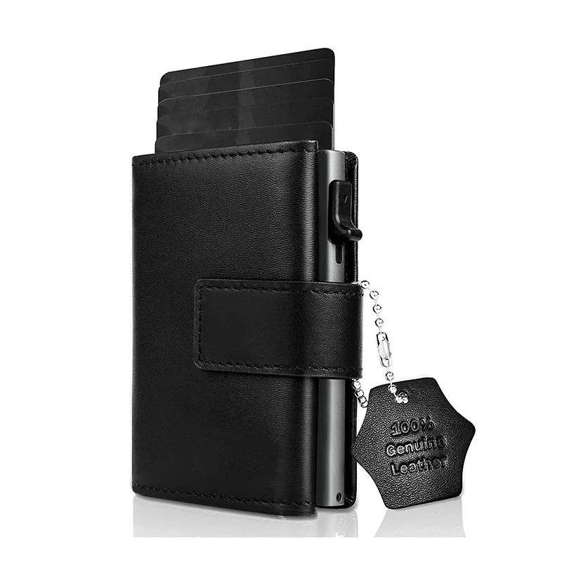 Uchwyty czarne identyfikatory karty kredytowe mini portfel z monety z zip moneta pieniężna Men Men RFID Ochrona Oryginalna skóra Mała aluminiowa uchwyt karty
