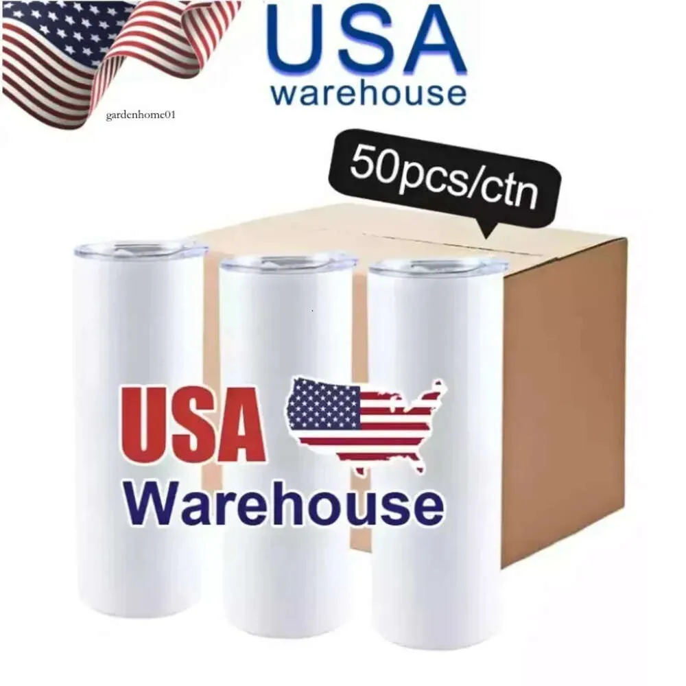 USA Warehouse 20 Oz SubliMation Tumblers Rostfritt stål Dubbelväggisolerad kaffemugg Vit rakt tomt lager 0422