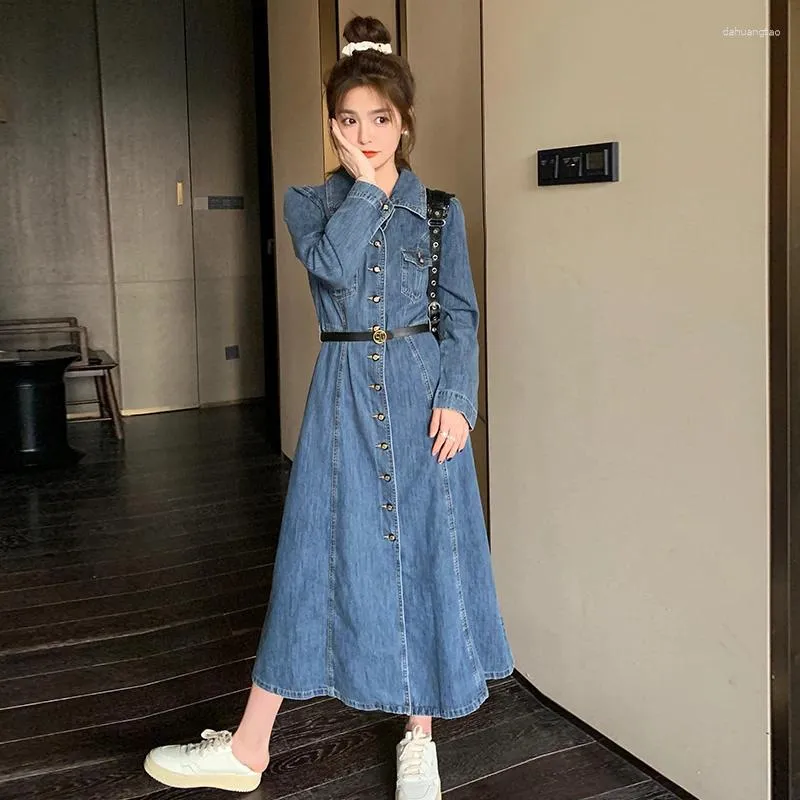 Casual Dresses Long Sleeve Lapel Shirt Denim Dress for Women 2024 Autumn Elegant Vintage Slim Fit A-Line Maxi Female 0806