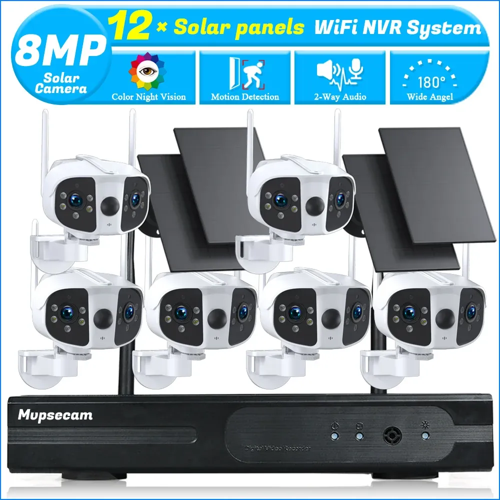 Cameras 8MP WiFi Dual Panels Solar Camera System Two Way Audio Dual Lens Outdoor Wireless Camera 10CH NVR Kit Video Surveillance System