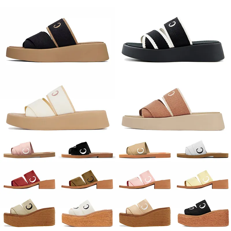 Kvinnor Woody Mule tofflor Luxury Platform Designer Sandaler Linne denim Mila Sliders Wedge Espadrille Pink White Black Beige Lady Low Heels Loafers Shoes Flat Slides