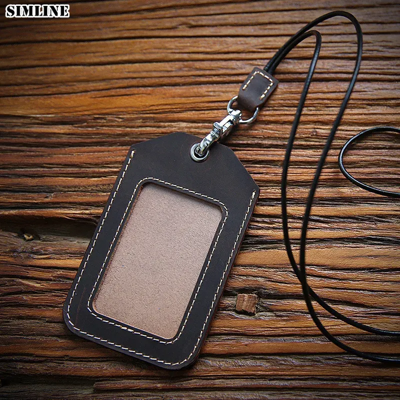 Holders Simline Geut Support de carte en cuir authentique Vintage Handmade Handmade Employee Id Pass Name Name Cador Cover Badge Case With Neck Lanyard