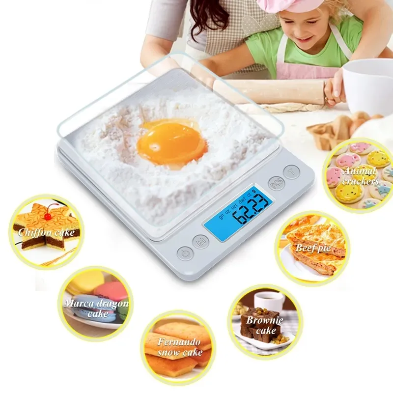 2000g/0,1g aço inoxidável escala de cozinha digital com exibição LCD Função TARE Gramas de escala digital para peso, dieta, panificação LL