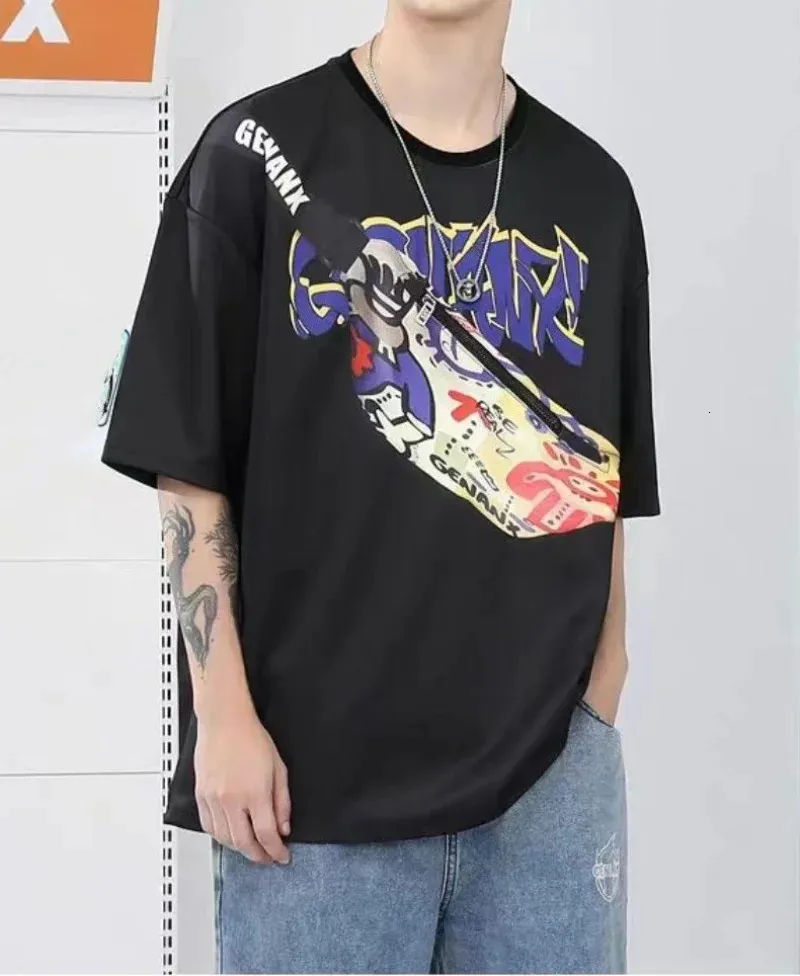 Y2K toppar tryckt zippad bröstväska topp kvinnor kort ärm t-shirt ren bomullsälskare hiphop street tees womens 240421