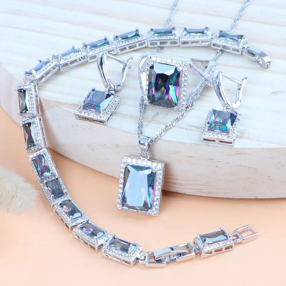 Strängar Natural 925 Silver Brdal smycken Set Magic Rainbow Zircon Earnings Armband Ring Pendant Necklace Wedding SMEE sach Set för kvinnor