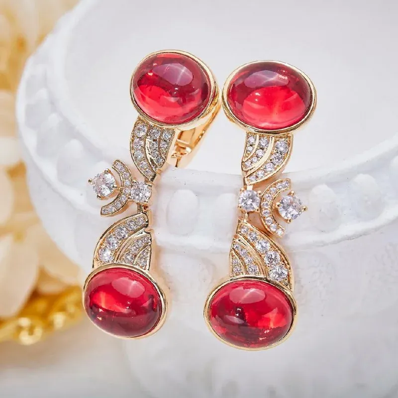 Earrings Designer Collection Style Highend Women Lady Inlay Cubic Zircon Synthetic Rubellite Plated Rose Gold Color Ear Clip Earrings