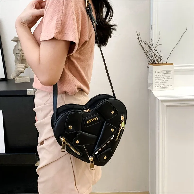 Sac Bandoulière Femme En Faux Cuir Blanc - Multi-poches Avec Fermeture Éclair Cœur - Neuf Avec étiquettes