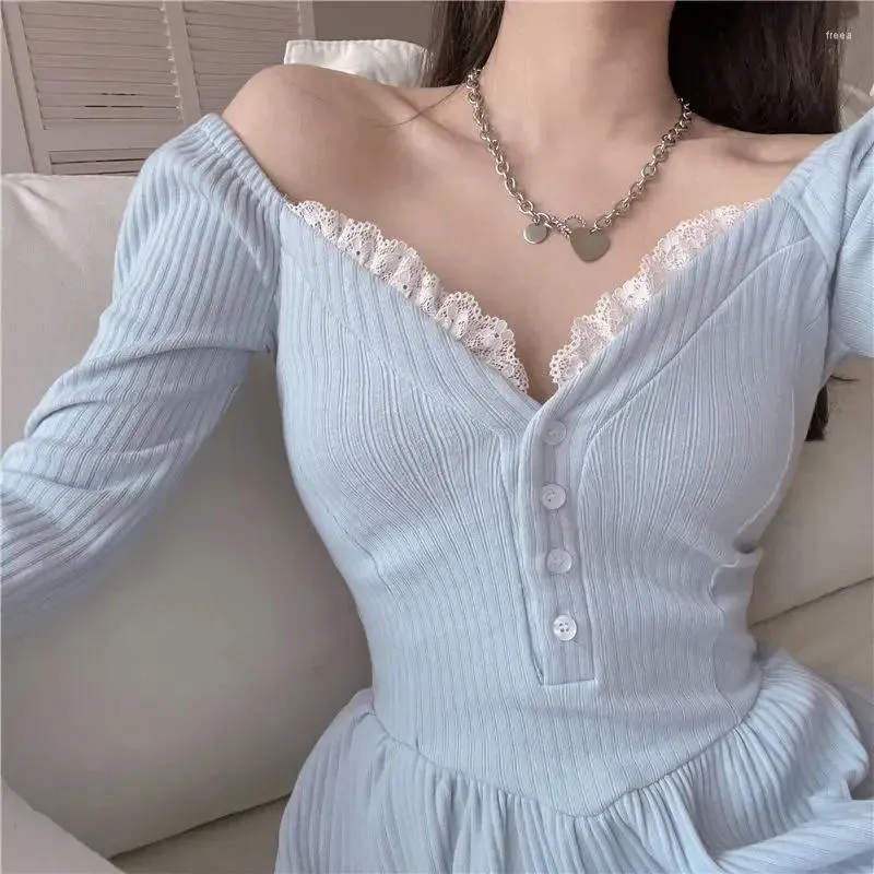 Casual Dresses 2024 Autumn Style Solid Color Puffy Sexy Lace Dress Women's Long-sleeved Waist Spicy Girls Pleated A-line Skirt