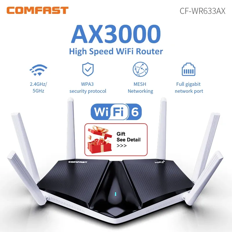 Routers Comfast AX3000 WiFi6 5 GHz Mesh WiFi Router Mumimo Full Gigabit WiFi Couverture 6 Antennes Réseau EXTENDER Amplificateur pour la maison