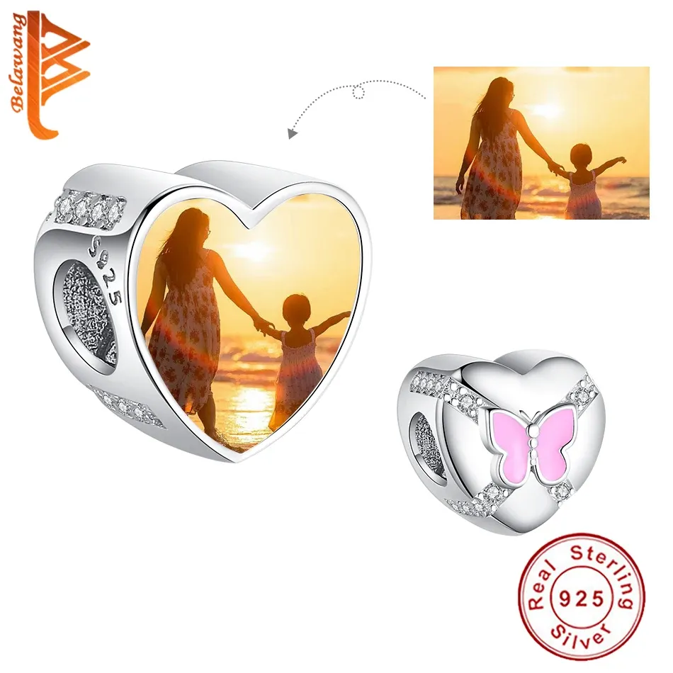 Strands BELAWANG 925 Sterling Silver Enamel Pink Butterfly with CZ Heart Bead Custom Photo Charms Fit Bracelet Women DIY Fine Jewelry