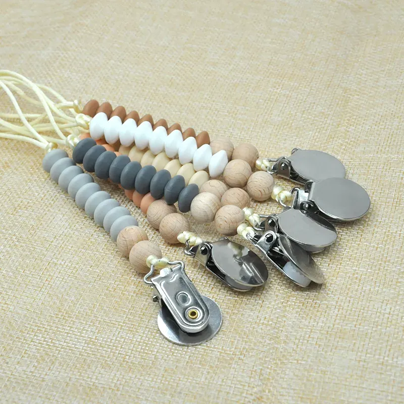 Wooden Silicone Beads Pacifier Clips with Metal Holder Teething Beaded Dummy Clip Pacifier Soother Chain for Infant Toddler