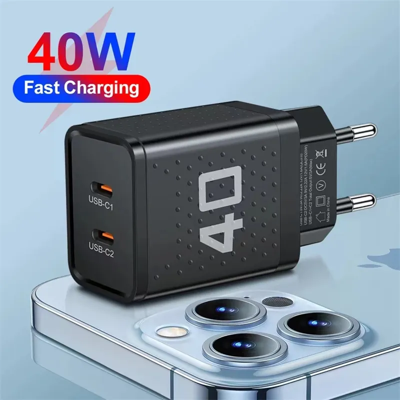40W Dual -Type C Зарядное устройство быстро зарядка Quick Charge 3.0 USB C Adapter Adapter Mobile Phore Charge для iPhone Xiaomi LG Samsung S24