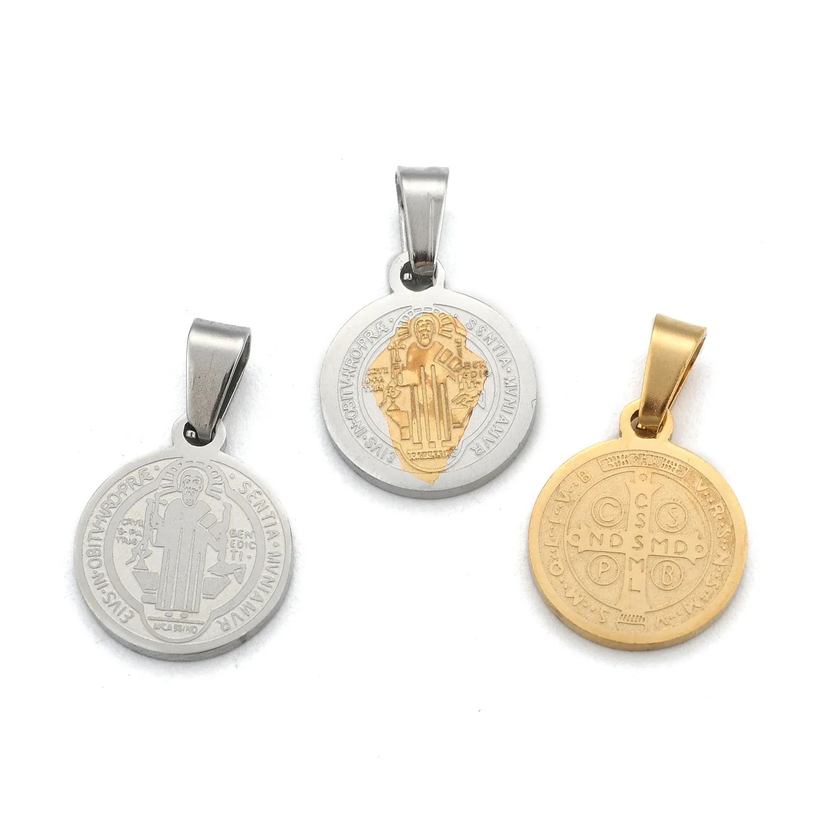 Colliers 50pcs San Benito Word 304 Médaille en acier inoxydable Charms Plat Round pour les bijoux Making DIY Collier 14x12x1,2 mm