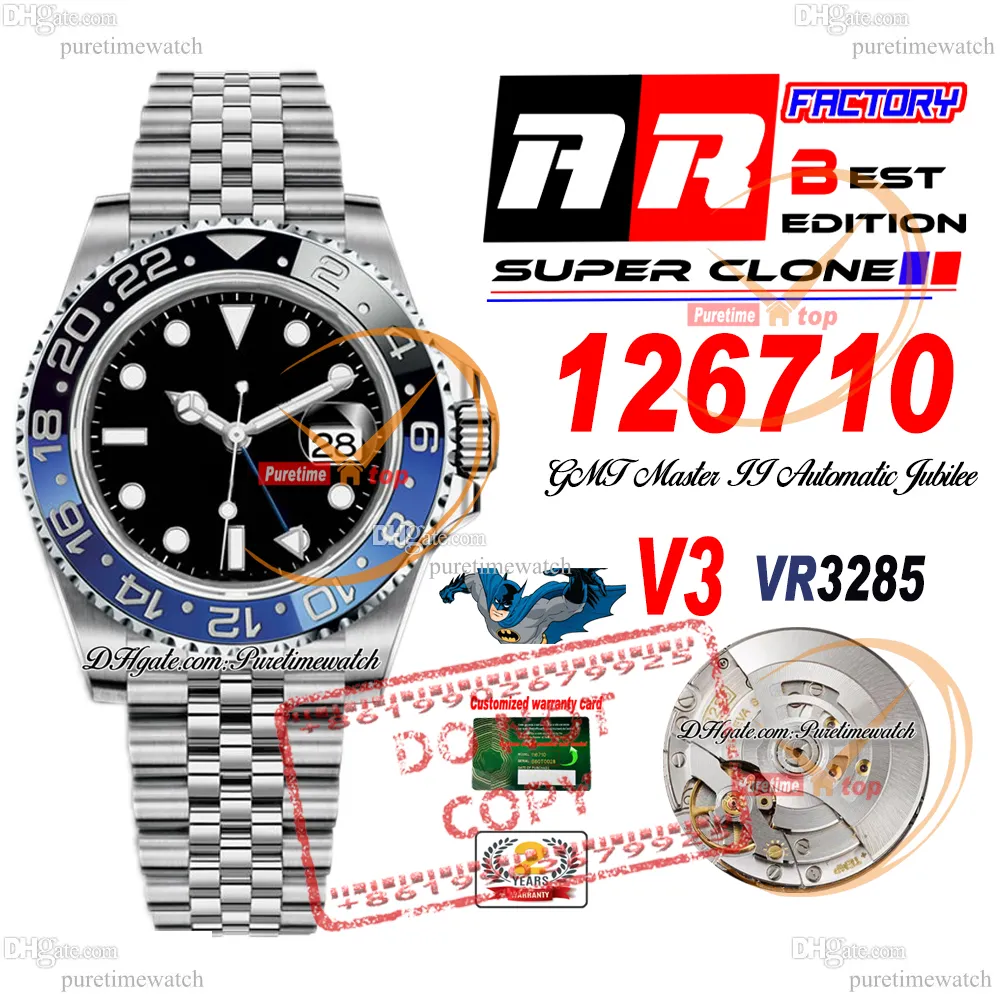 Batman 126710 VR3285 Automatic Mens Watch ARF V3 Blue Ceramics Cérozel Black Dial 904L Bracelet Oysteel Super Edition Same Card de garantie en série PureTime Reloj PTRX