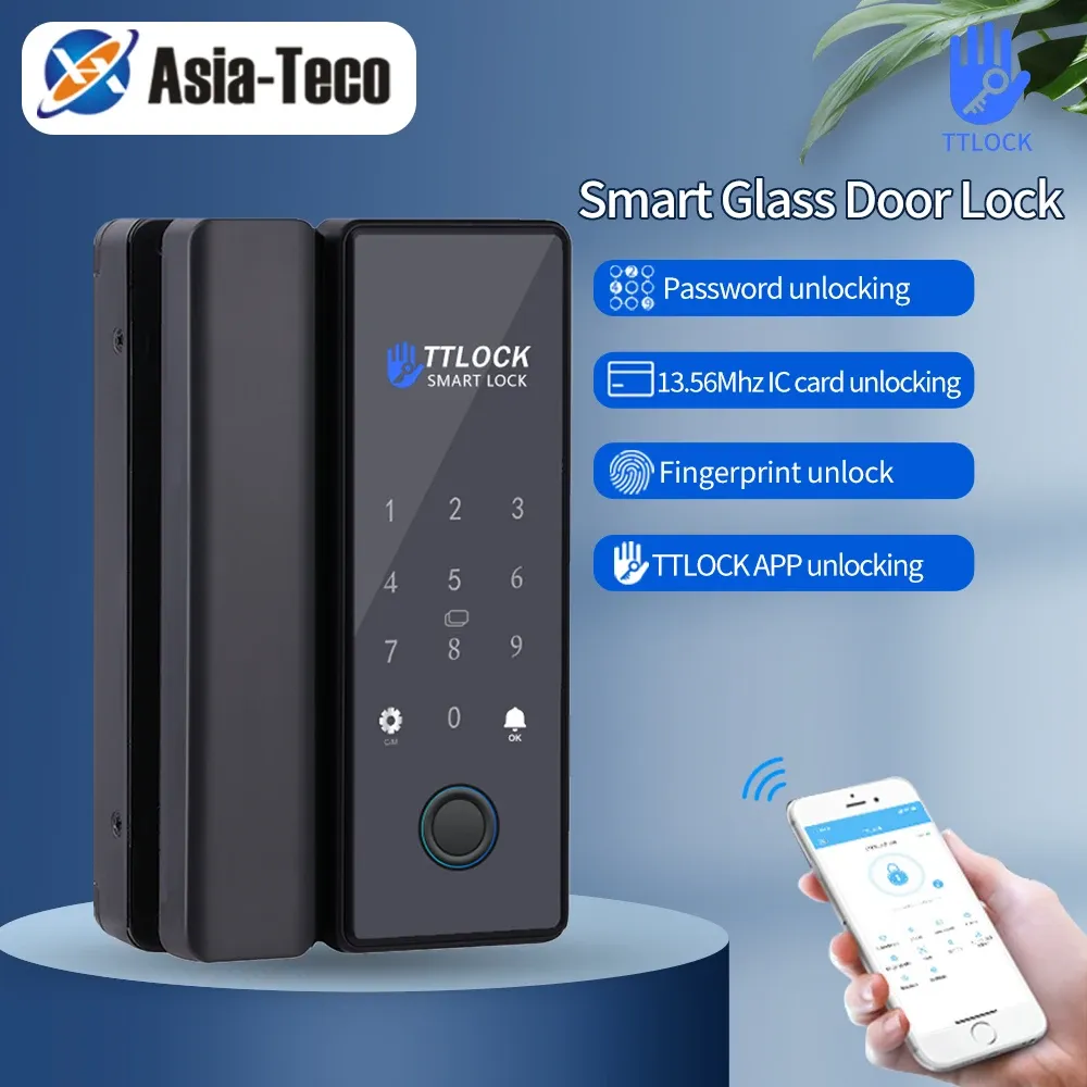 Kontrola aplikacji TTLOCK Bluetooth Smart Glass Door Lock Zdalne odblokowanie tymczasowe kod palca RFID IC KARTA Hasło + G2 Brama dla Wi -Fi