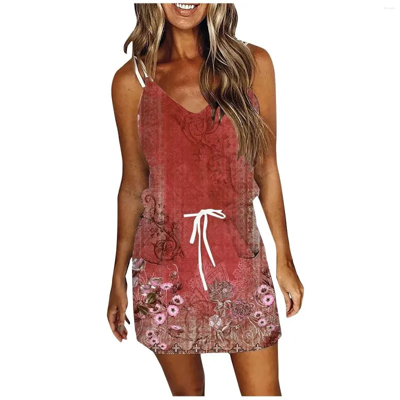 Casual Dresses Women's Summer Sexy V-neck Sleeveless Fringe Printed Strapless Dress Beach Sun With Pockets Free Shippi