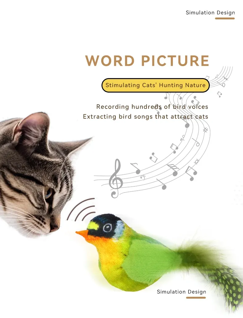 Toys Lifelike Chirping Bird Interactive Cat Toy Pet Plush Toy Cat Teaser with Feather Tail Touch Activated Simulation Molding