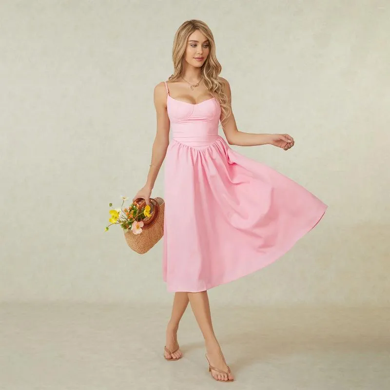 DHgate Flowy Summer Dresses for Women Solid Color Cami Midi Dress with Backless Cross Tie Up Spaghetti Straps Apparel