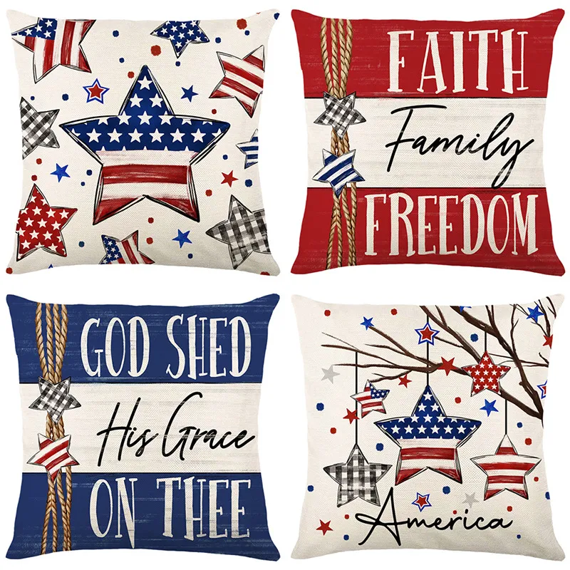 Conjunto de 4 capas de travesseiros 18x18 American Flag Fireworks Star Truck Flower Basket 4 de julho Dia da Independência Capas de almofadas ao ar livre Casas de linho Carca