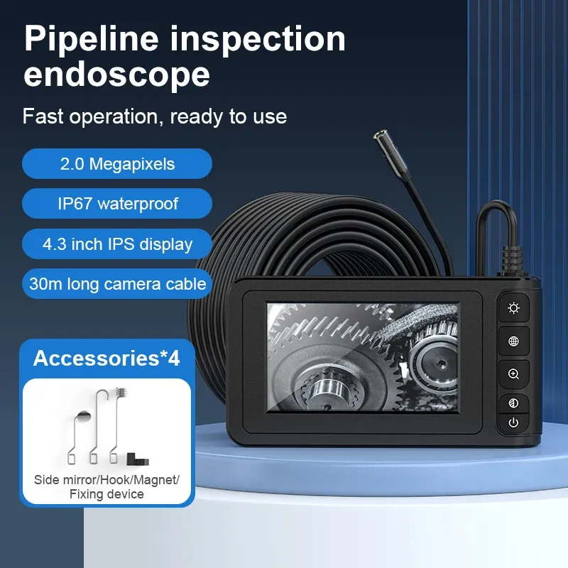 Kameror Industrial Endoscope Camera 4.3 '' IPS -skärm HD1080P 30Meter styv kabelrör Avloppskontroll Borescope IP67 Vattentät 2000mah