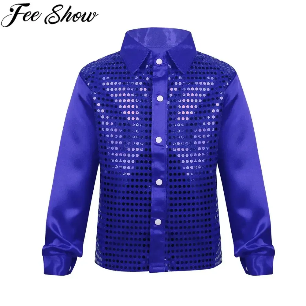 T-shirts Feeshow Kids Boys Dance Shirts Long Sleeve Shiny Sequined Latin Jazz Dance Stage Performance Competition Clothes