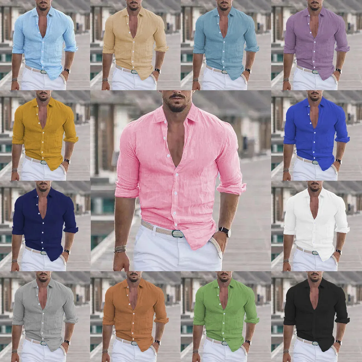 Spring / Summer Mens Cotton Linen Lapel Beach Shirt à manches longues Couleur massive Hawaii Holiday Wear 240418