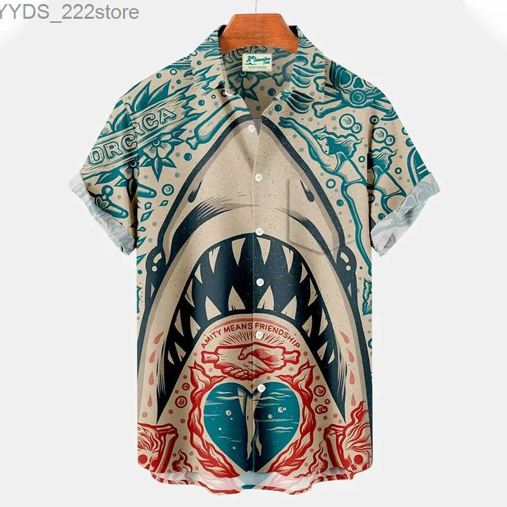 Camisas masculinas Novo botão de roupas de animais 3D masculino de mangas curtas Rouse de rua Haian Shark camisa YQ240422