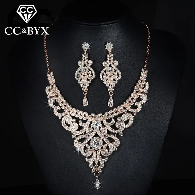 Necklaces Rose Gold Color Bridal Jewelry Sets CZ Austrian Crystal Necklace Earring Sets Luxury Jewelry Bijoux Femme D020