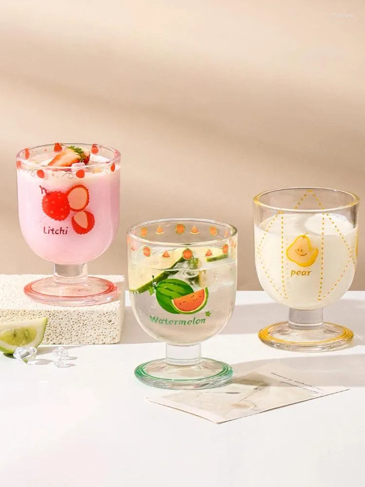 Wine Glasses Fruit Print Glass Cup Cafe Afternoon Tea Clear High Foot Water Cups Korean Style Summer Juice Beer Coffee Home Cold Mug