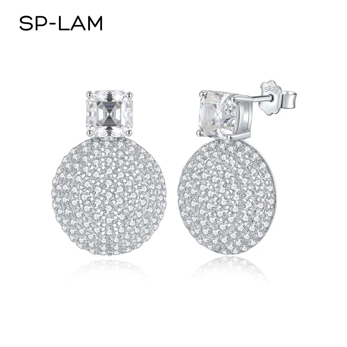 Earrings SPLAM 2CT Per Pair Asscher Cut Big Stud Earrings Tiny CZ Paved 925 Sterling Silver Fine Jewellery For Women Anniversary Gift