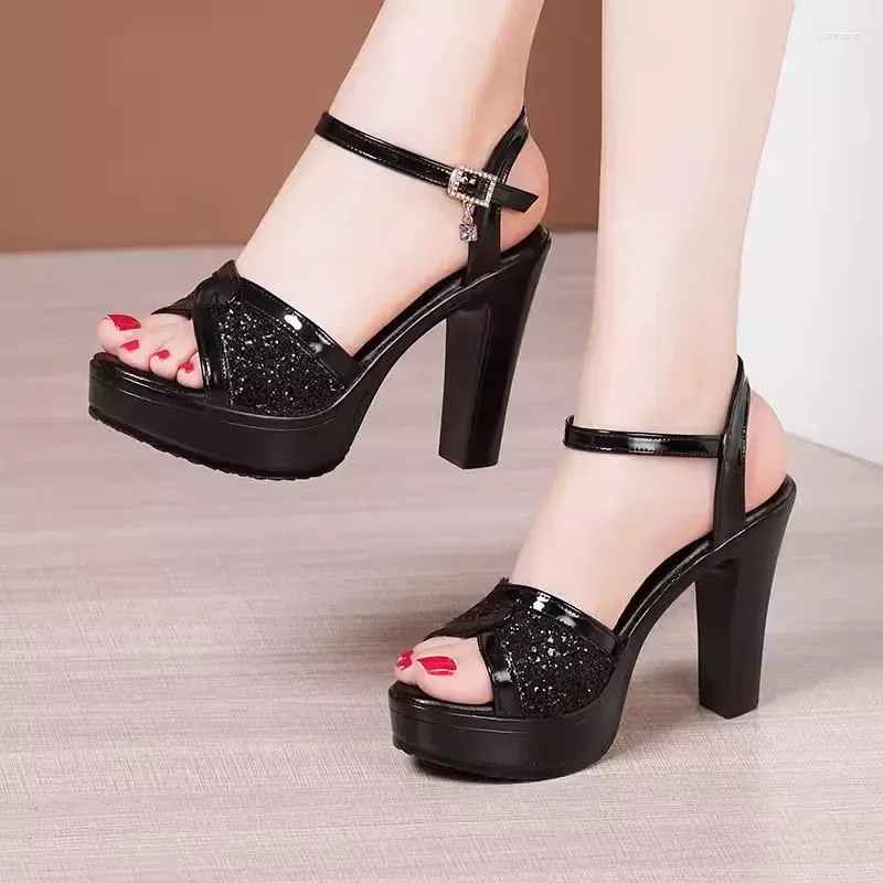 Sandaler 10 cm Fashion Bling Peep Toe Women's High Heel Summer 2024 Shoes Female Party Woman Platform Storlek 32 33 35 36 37 43